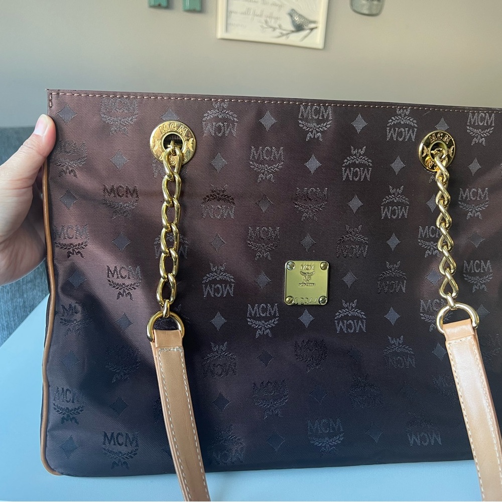 MCM Brown Monogram Tote with Gold Chain and Tan Leather Straps - Picture 14 of 15